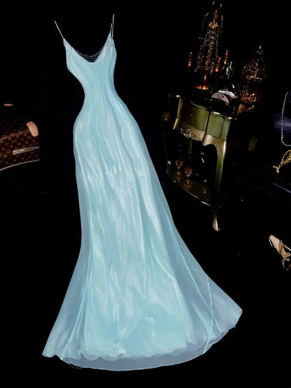 Glittering Spaghetti Straps Blue Prom Dress Beading Chiffon A-Line Evening Dress GG6111