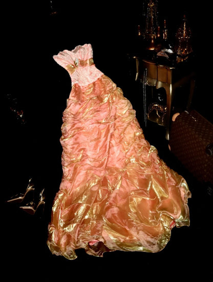 Ornate Strapless Orange Prom Dress Ruffles Appliques A-Line Evening Dress GG6112