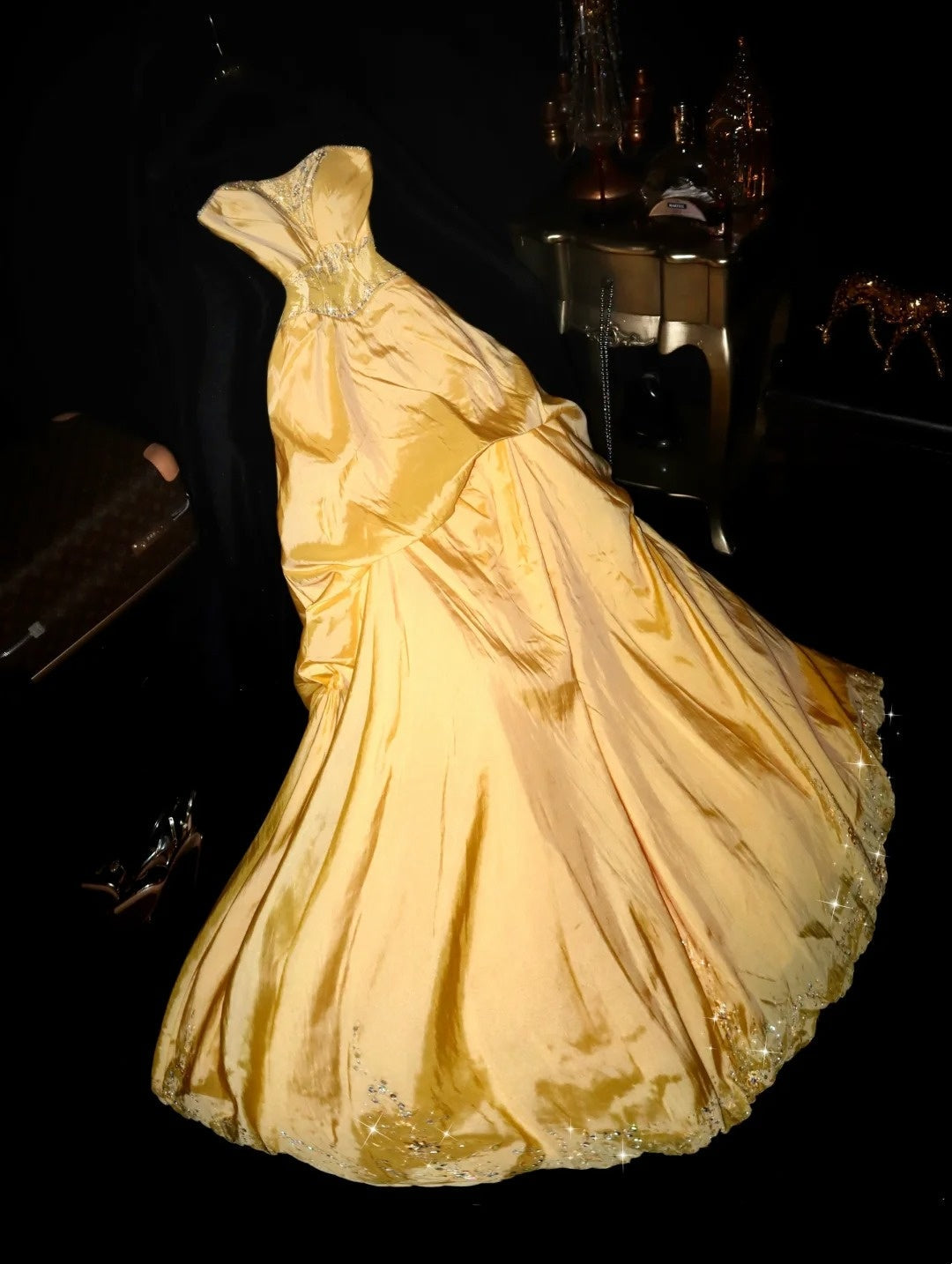 Glowing Strapless Yellow Prom Dress Sequins A-Line Evening Dress GG6113