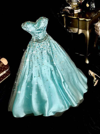 Glittering Strapless Blue Prom Dress Sequins Beaded A-Line Evening Dress GG6114