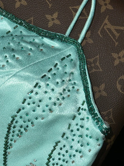 Attractive Spaghetti Straps Mint Green Prom Dress Sequins A-Line Evening Dress GG6117
