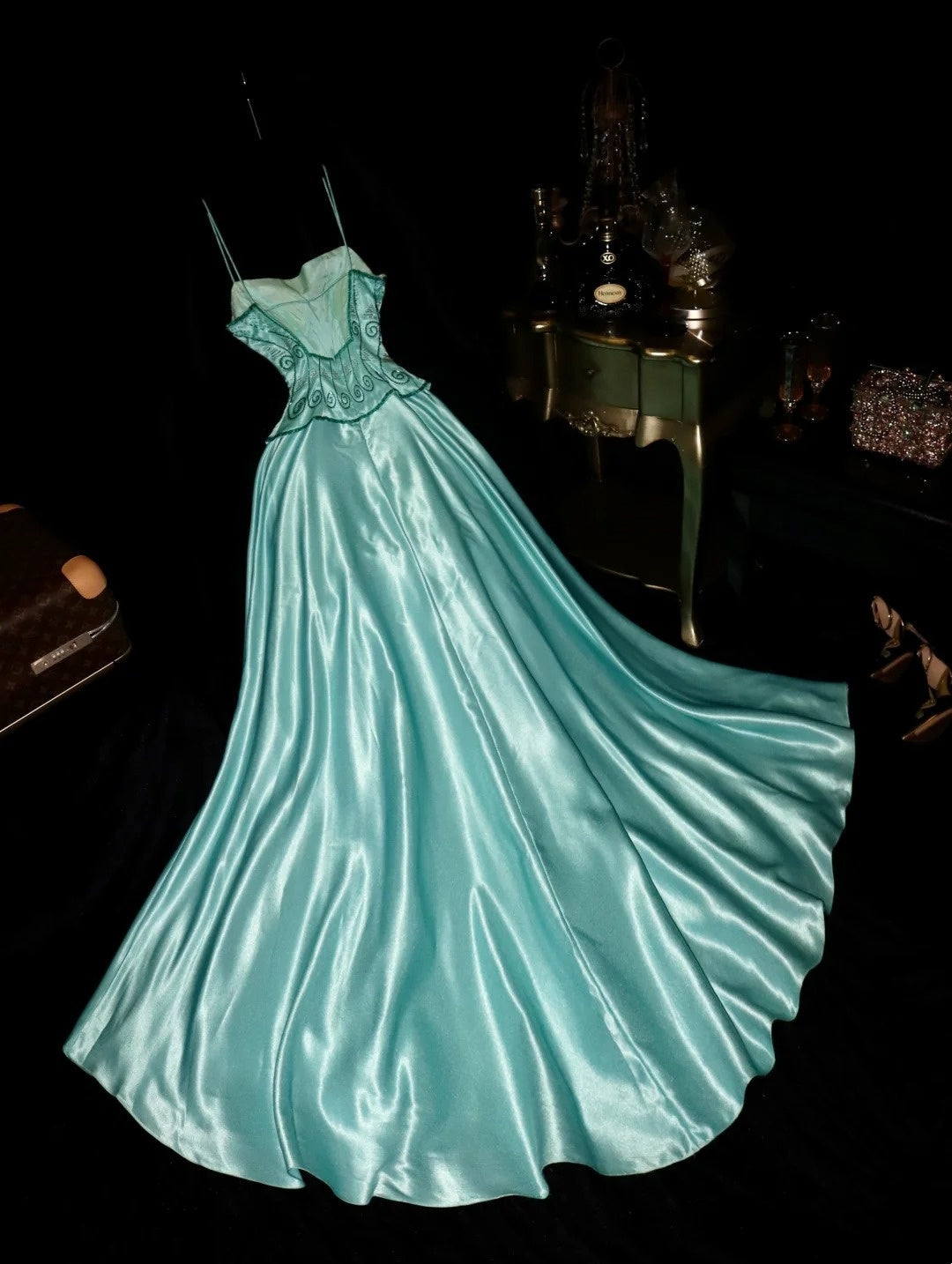 Attractive Spaghetti Straps Mint Green Prom Dress Sequins A-Line Evening Dress GG6117