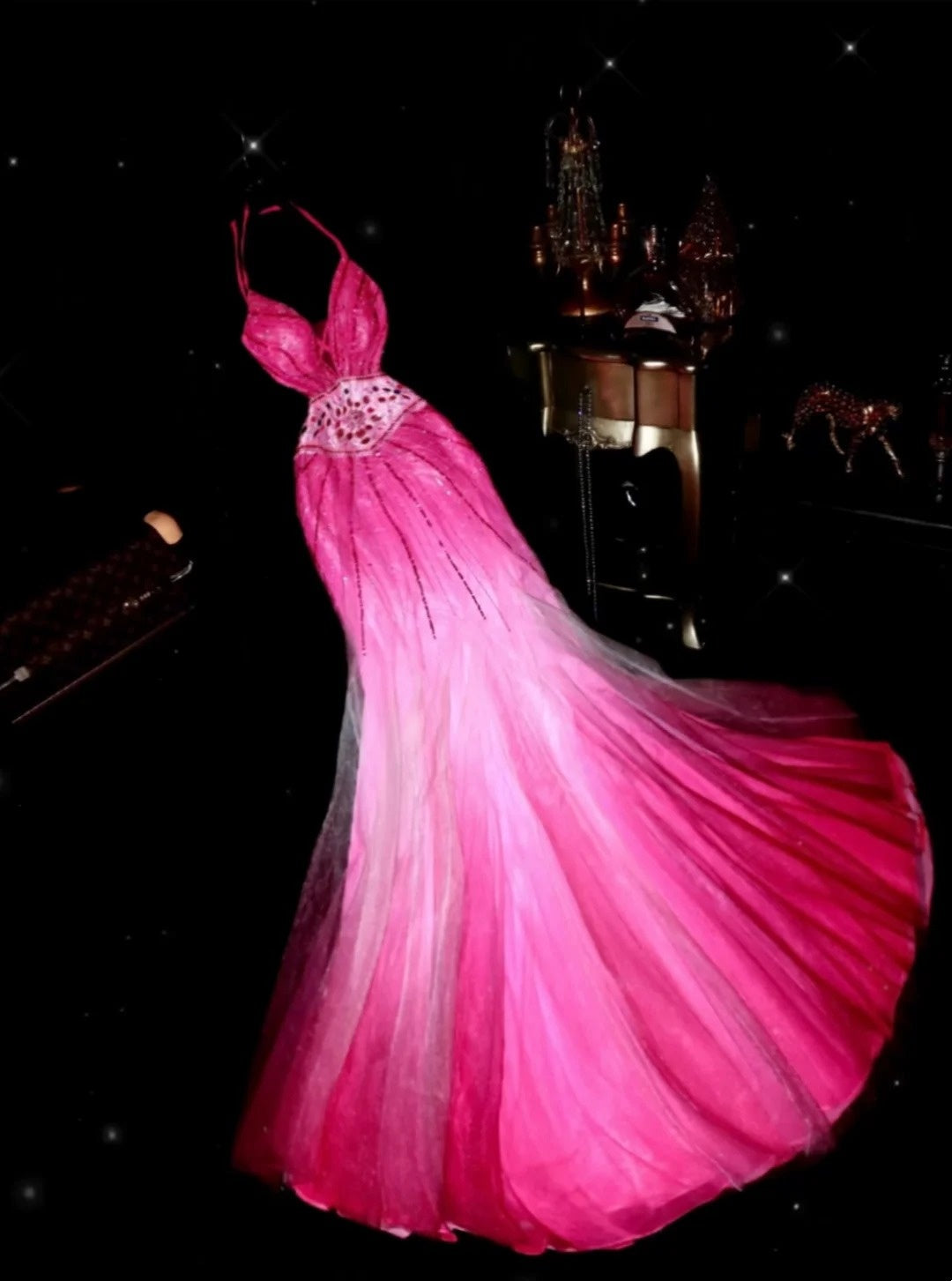 Playful Halter Neck Gradient Pink Prom Dress Crystals Sequins Tulle Mermaid Evening Dress GG6118