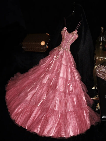 Charming Spaghetti Straps Pink Prom Dress Appliques Tiered Tulle A-Line Evening Dress GG6121