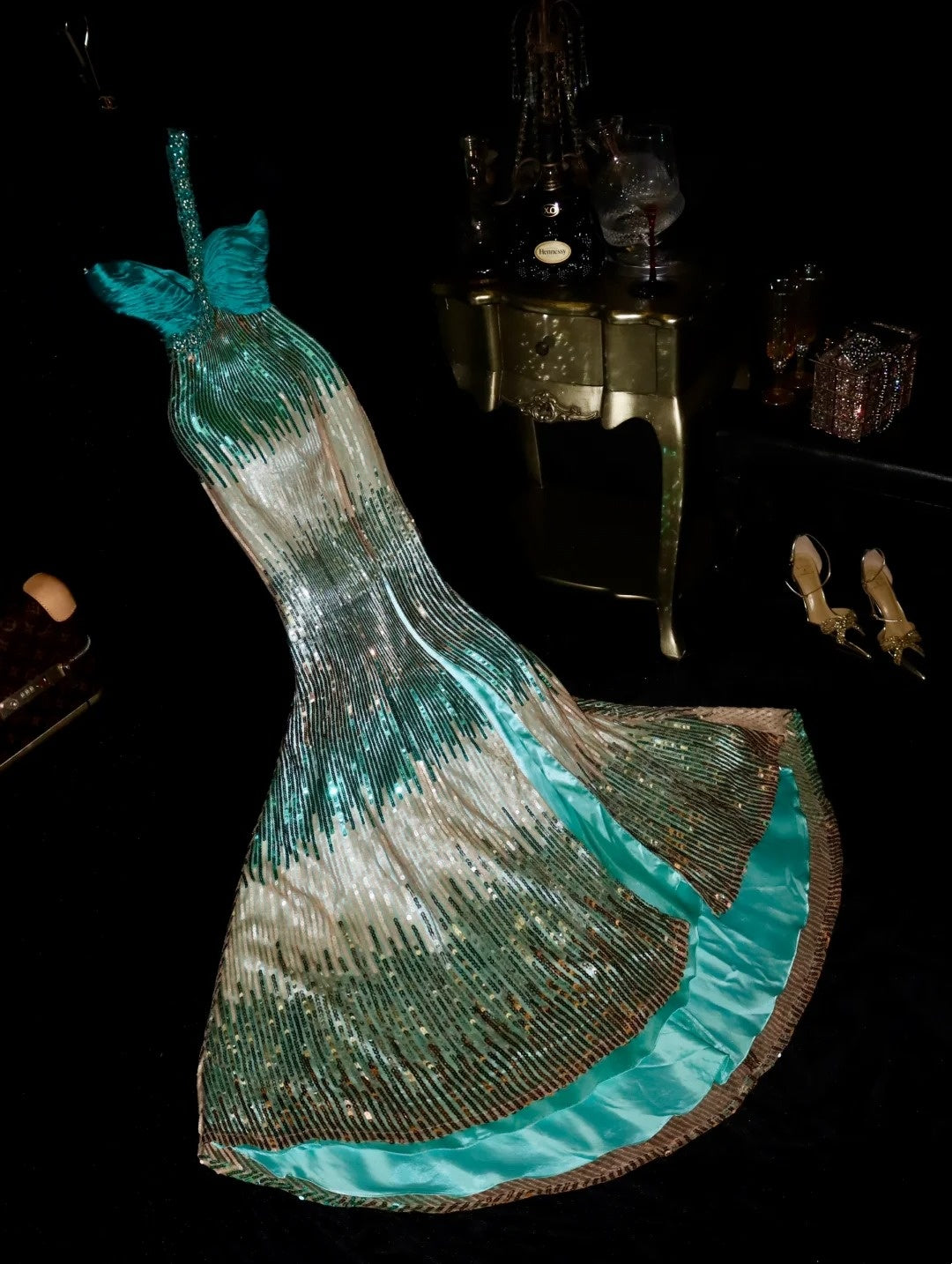 Vintage One Shoulder Teal Prom Dress Beading Sequins Slit Mermaid Evening Dress GG6124