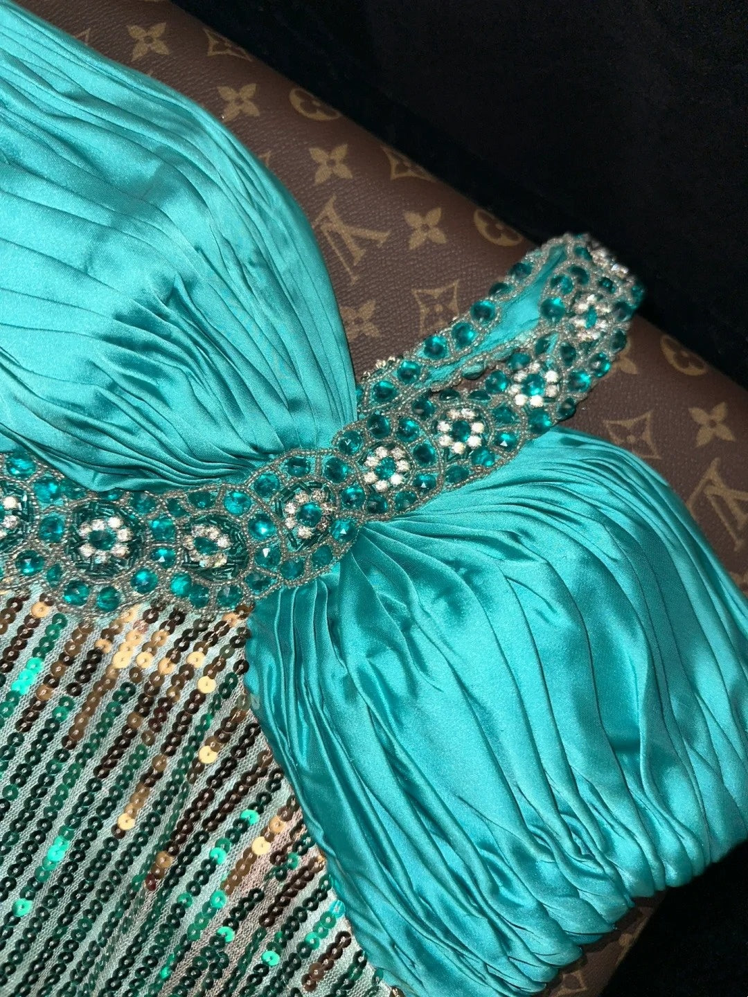 Vintage One Shoulder Teal Prom Dress Beading Sequins Slit Mermaid Evening Dress GG6124