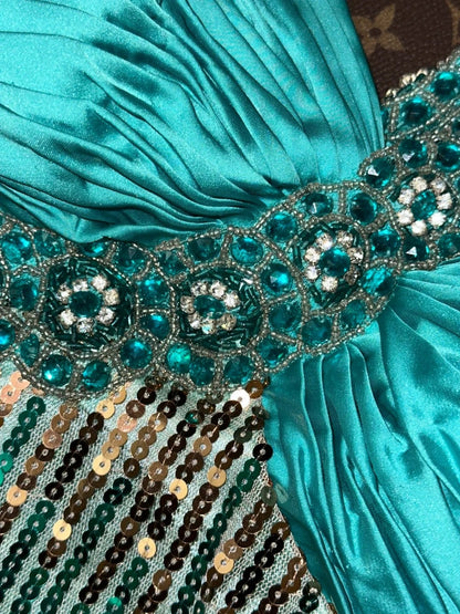 Vintage One Shoulder Teal Prom Dress Beading Sequins Slit Mermaid Evening Dress GG6124
