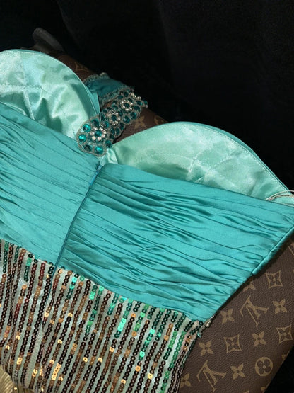 Vintage One Shoulder Teal Prom Dress Beading Sequins Slit Mermaid Evening Dress GG6124