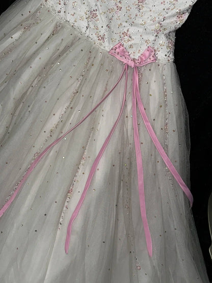 Lovely Strapless White Wedding Dress Tulle Sequins Bow Bridal Dress GG6126