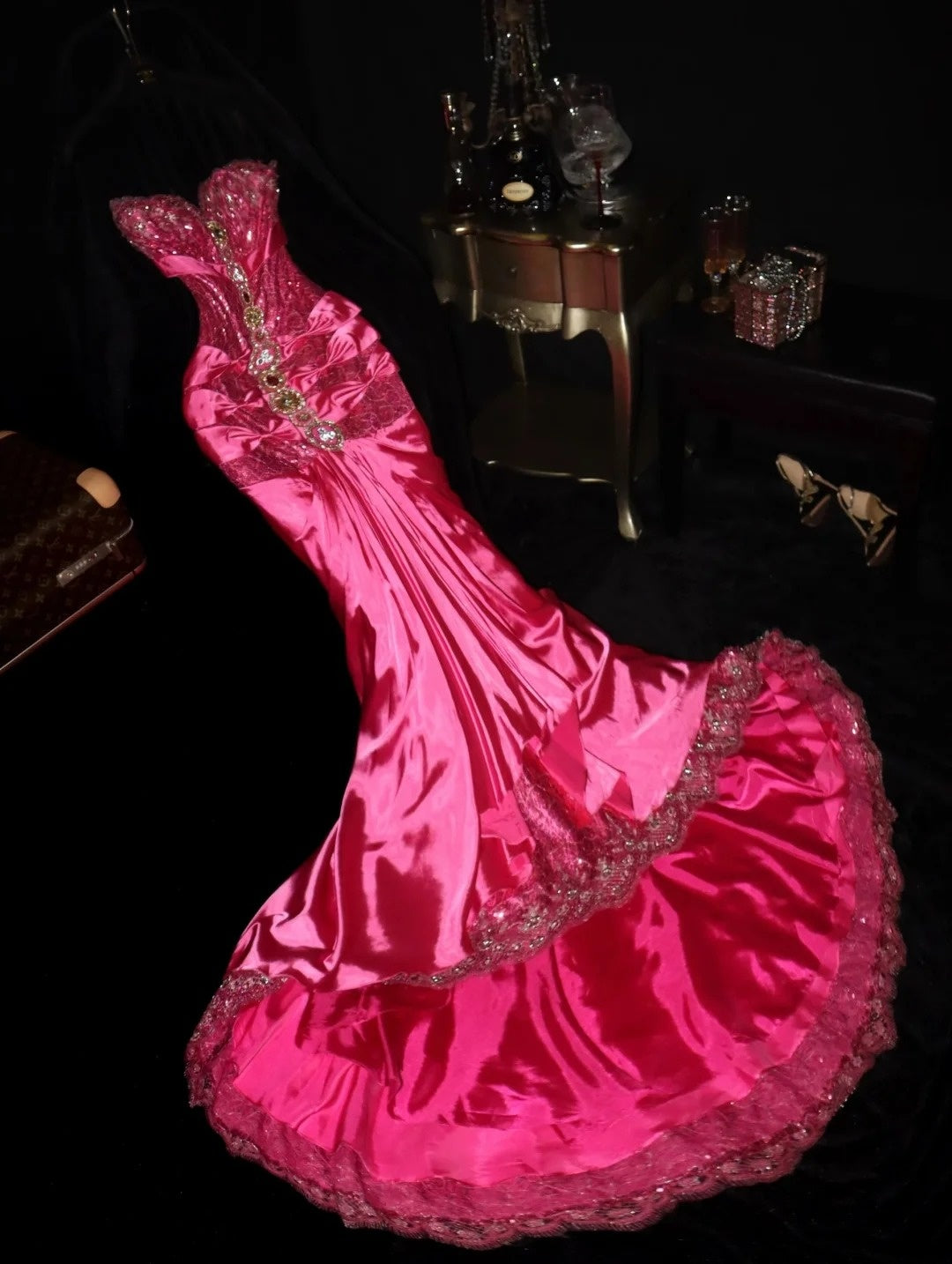 Y2K Style Strapless Hot Pink Prom Dress Bows Sequins Mermaid Evening Dress GG6127