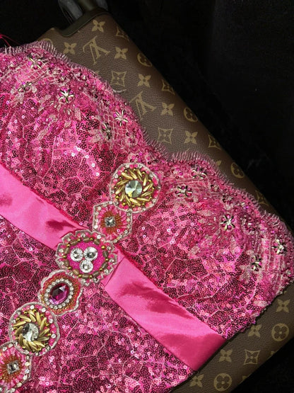 Y2K Style Strapless Hot Pink Prom Dress Bows Sequins Mermaid Evening Dress GG6127