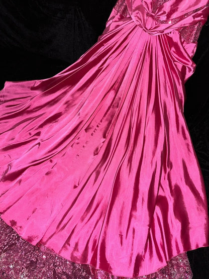 Y2K Style Strapless Hot Pink Prom Dress Bows Sequins Mermaid Evening Dress GG6127