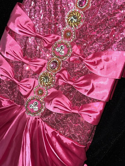 Y2K Style Strapless Hot Pink Prom Dress Bows Sequins Mermaid Evening Dress GG6127