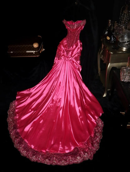 Y2K Style Strapless Hot Pink Prom Dress Bows Sequins Mermaid Evening Dress GG6127