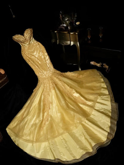 Luxurious Sweetheart Yellow Prom Dress Crystals Sequins Mermaid Evening Dress GG6133