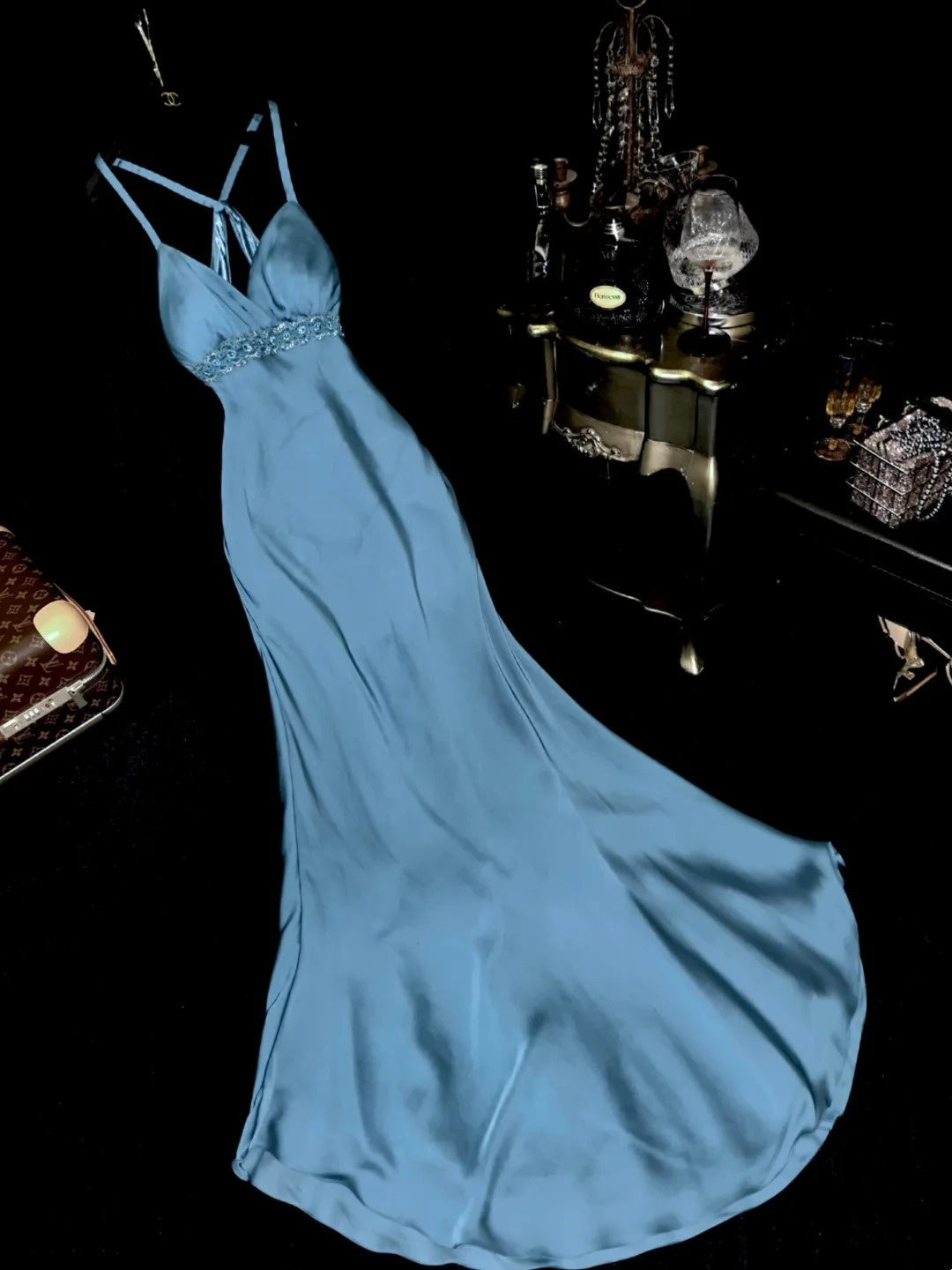 Vintage Spaghetti Straps Blue Prom Dress Sequins Satin Mermaid Evening Dress GG6135
