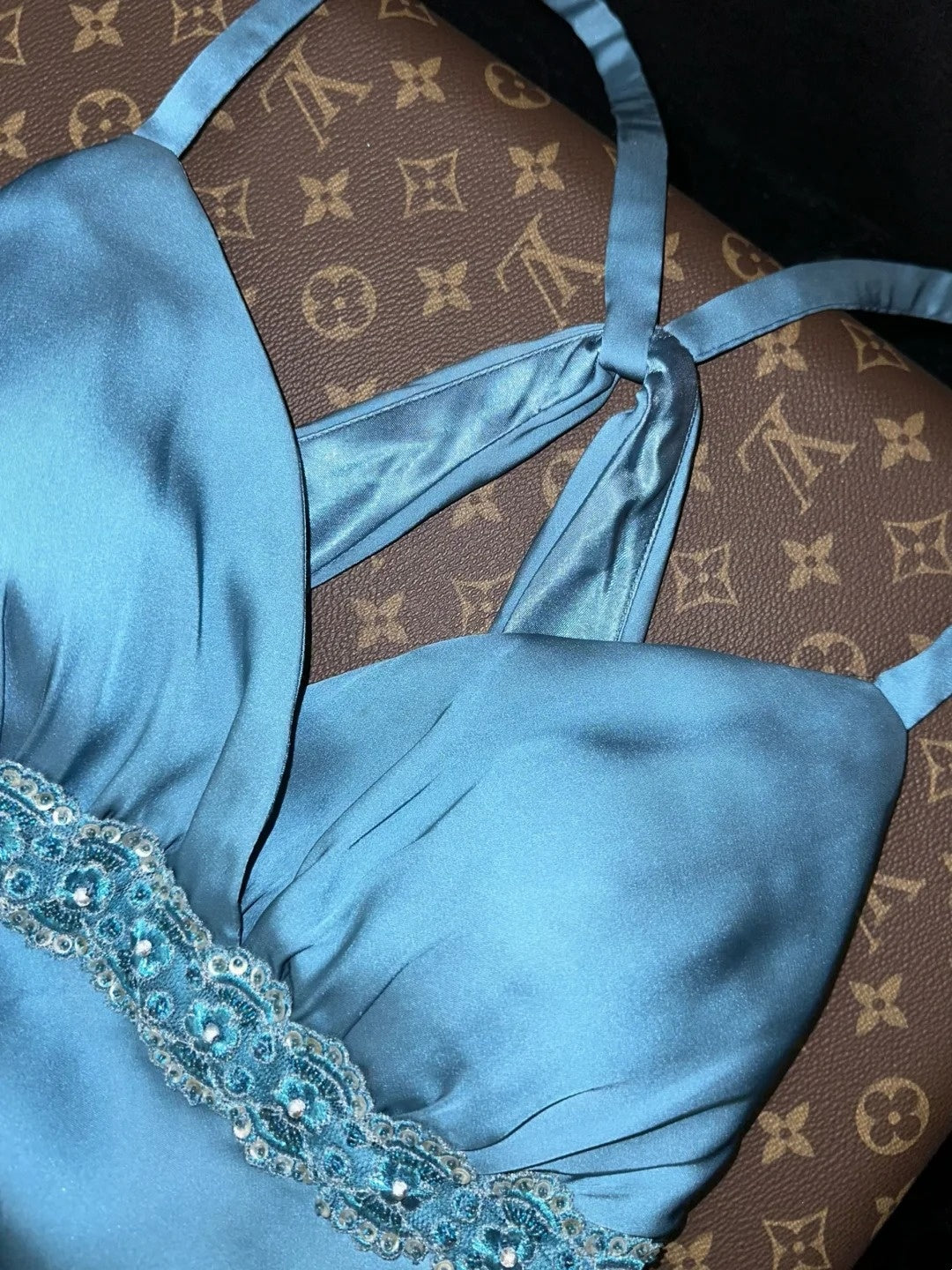 Vintage Spaghetti Straps Blue Prom Dress Sequins Satin Mermaid Evening Dress GG6135