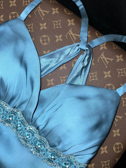 Vintage Spaghetti Straps Blue Prom Dress Sequins Satin Mermaid Evening Dress GG6135