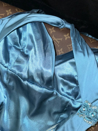 Vintage Spaghetti Straps Blue Prom Dress Sequins Satin Mermaid Evening Dress GG6135