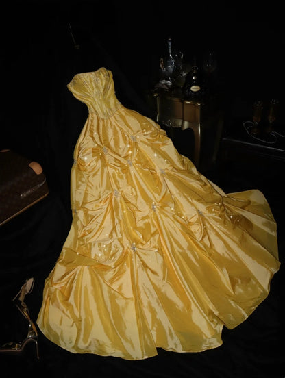 Unique Strapless Yellow Prom Dress Inspo Sequins A-Line Evening Dress GG6137