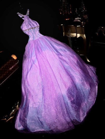 Chic Beaded Halter Neck Purple Prom Dress Crystals A-Line Evening Dress GG6140