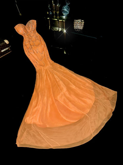 Glittering Strapless Orange Prom Dress Long Sequins Mermaid Evening Dress GG6143