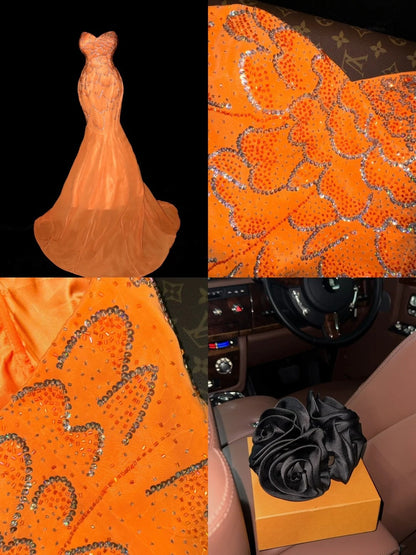 Glittering Strapless Orange Prom Dress Long Sequins Mermaid Evening Dress GG6143