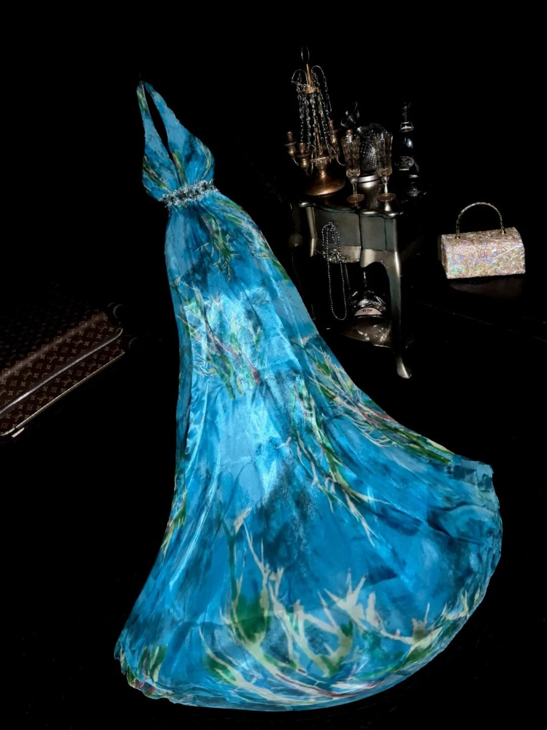 Charming Halter Neck Blue Prom Dress Sequins A-Line Evening Dress GG6148