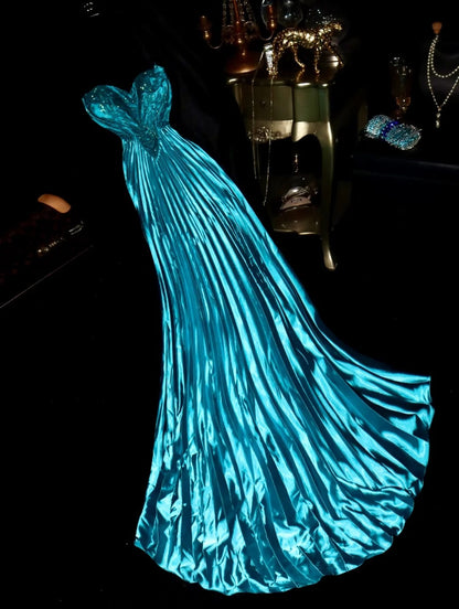 Vintage Sweetheart Pleated Blue Prom Dress Beaded A-Line Evening Dress GG6152