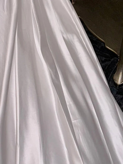 Modest White Satin Wedding Dress Short Sleeve Pearls Bridal Dress GG6157