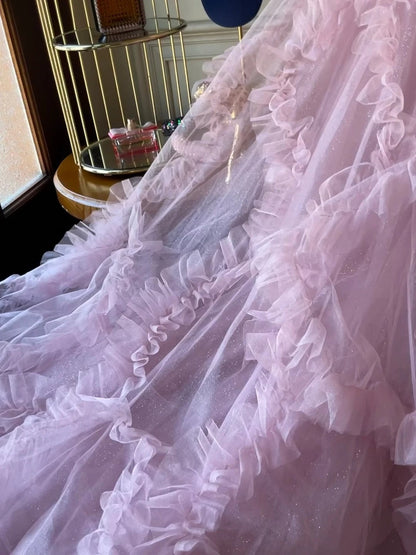 Sweet Strapless Pink Prom Dress Tulle Ruffled A-Line Evening Dress GG6159