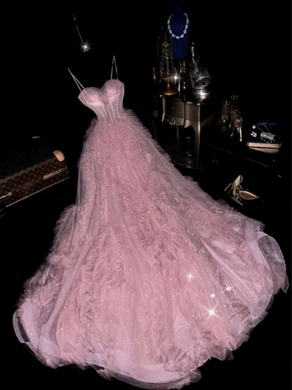 Sweet Strapless Pink Prom Dress Tulle Ruffled A-Line Evening Dress GG6159