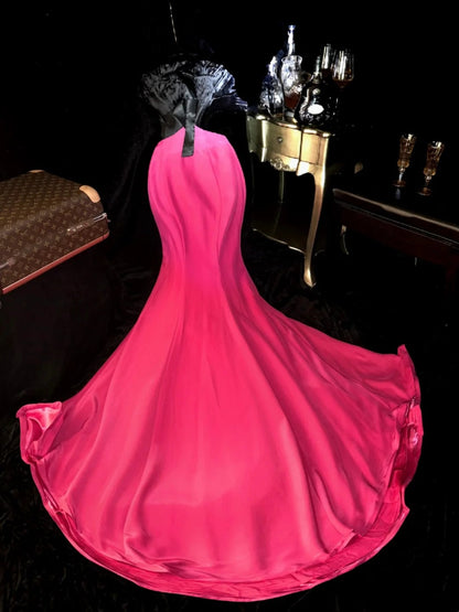 Y2K Style Strapless Hot Pink Prom Dress Pleated Black Bodice Mermaid Evening Dress GG6165