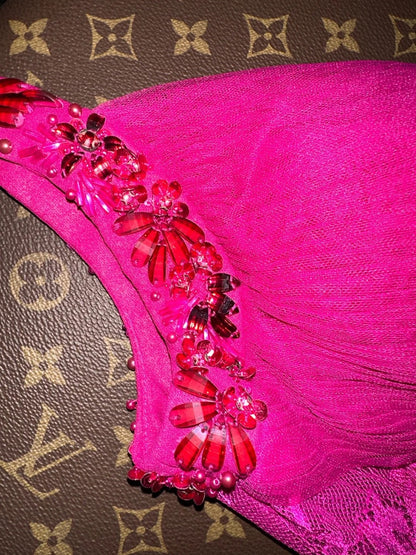 Y2K Style Spaghetti Straps Hot Pink Prom Dress Sequins A-Line Evening Dress GG6168