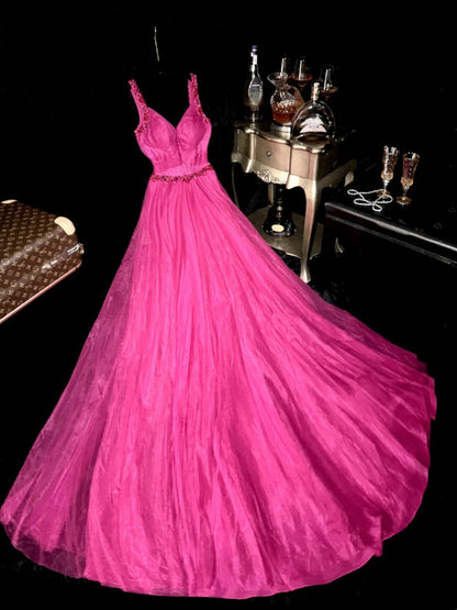 Y2K Style Spaghetti Straps Hot Pink Prom Dress Sequins A-Line Evening Dress GG6168