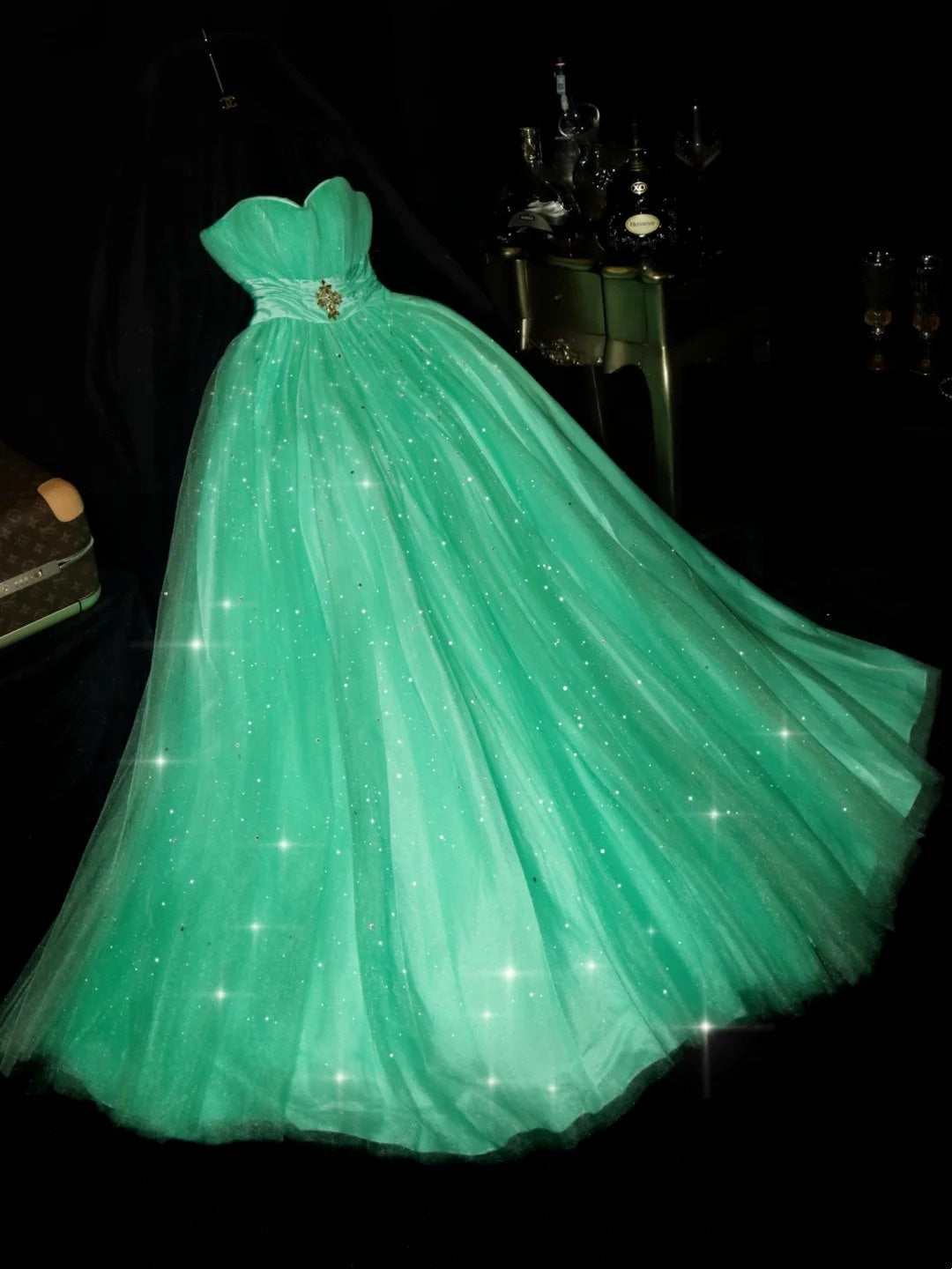 Chic Strapless Crystals Green Prom Dress Sequins Tulle A-Line Evening Dress GG6172