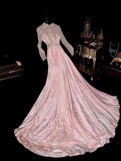 Luxury Beading Pink Prom Dress Long Sleeve A-Line Evening Dress GG6175