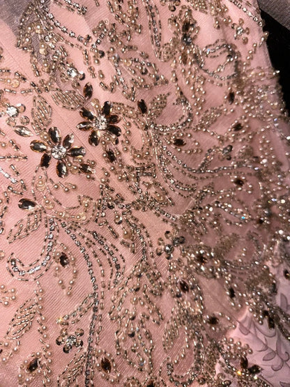 Luxury Beading Pink Prom Dress Long Sleeve A-Line Evening Dress GG6175