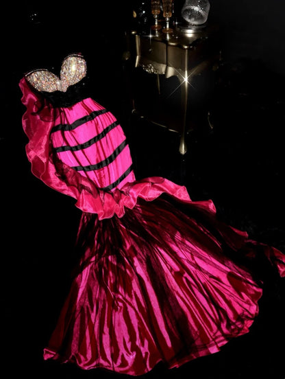 Trendy Strapless Hot Pink Prom Dress Rhinestones Mermaid Evening Dress GG6176