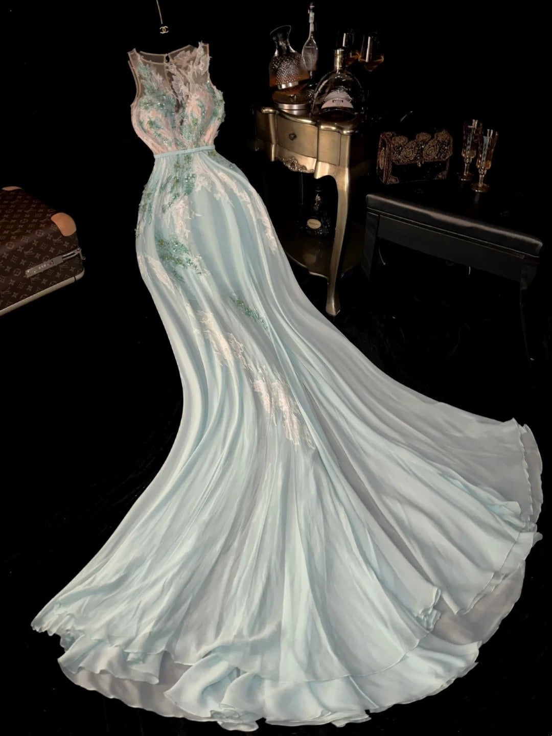 Retro Jewel Neck Pastel Green Prom Dress Appliques Lace A-Line Evening Dress GG6180