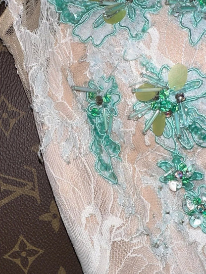 Retro Jewel Neck Pastel Green Prom Dress Appliques Lace A-Line Evening Dress GG6180
