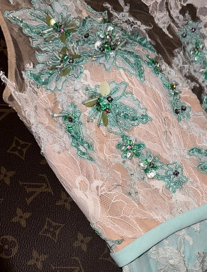 Retro Jewel Neck Pastel Green Prom Dress Appliques Lace A-Line Evening Dress GG6180