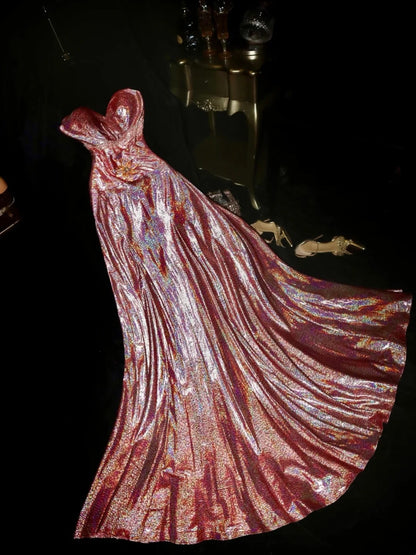 Lustrous Strapless Pink Prom Dress Sequins A-Line Evening Dress GG6186