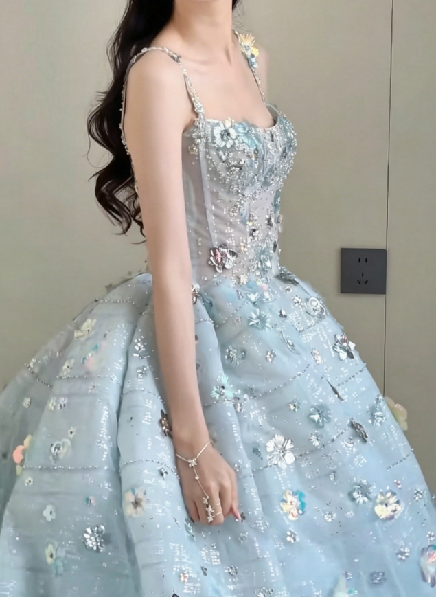 Dreamy Spaghetti Straps Blue Prom Dress Beading Sequins A-Line Evening Dress GG6188