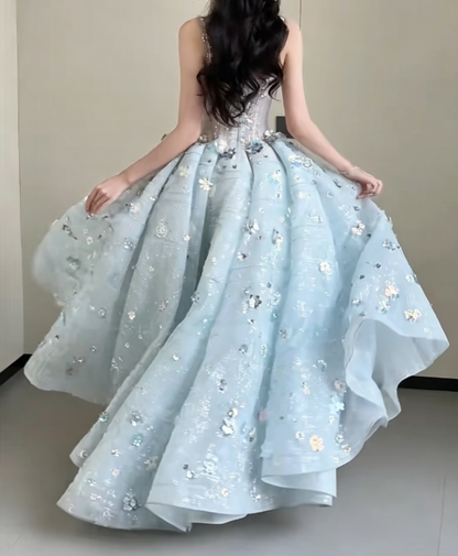 Dreamy Spaghetti Straps Blue Prom Dress Beading Sequins A-Line Evening Dress GG6188