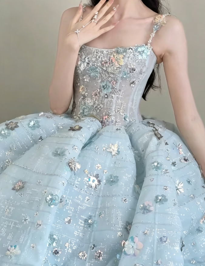 Dreamy Spaghetti Straps Blue Prom Dress Beading Sequins A-Line Evening Dress GG6188