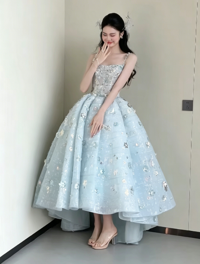 Dreamy Spaghetti Straps Blue Prom Dress Beading Sequins A-Line Evening Dress GG6188
