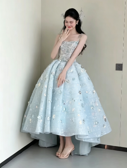 Dreamy Spaghetti Straps Blue Prom Dress Beading Sequins A-Line Evening Dress GG6188