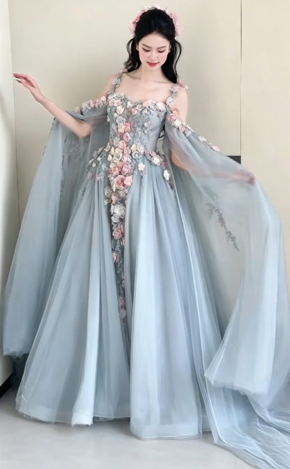 Chic Spaghetti Straps Blue Prom Dress Long Sleeve Appliques A-Line Evening Dress GG6192