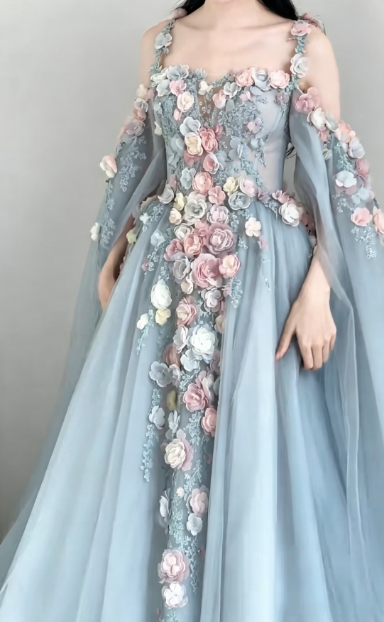 Chic Spaghetti Straps Blue Prom Dress Long Sleeve Appliques A-Line Evening Dress GG6192